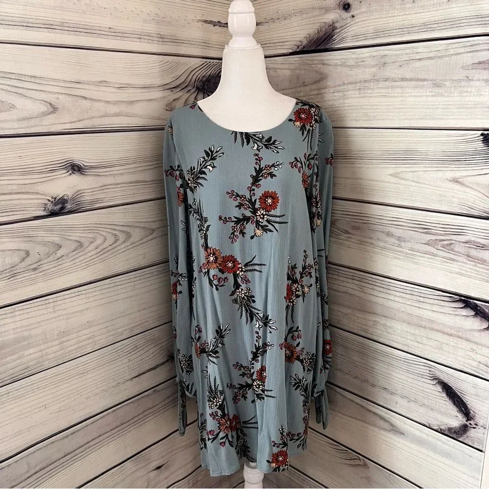 Sage Dusty Blue Floral Long Sleeve Open Back Shift Dress